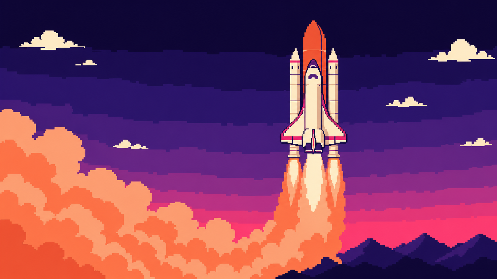 Pixel art space shuttle launching at sunset